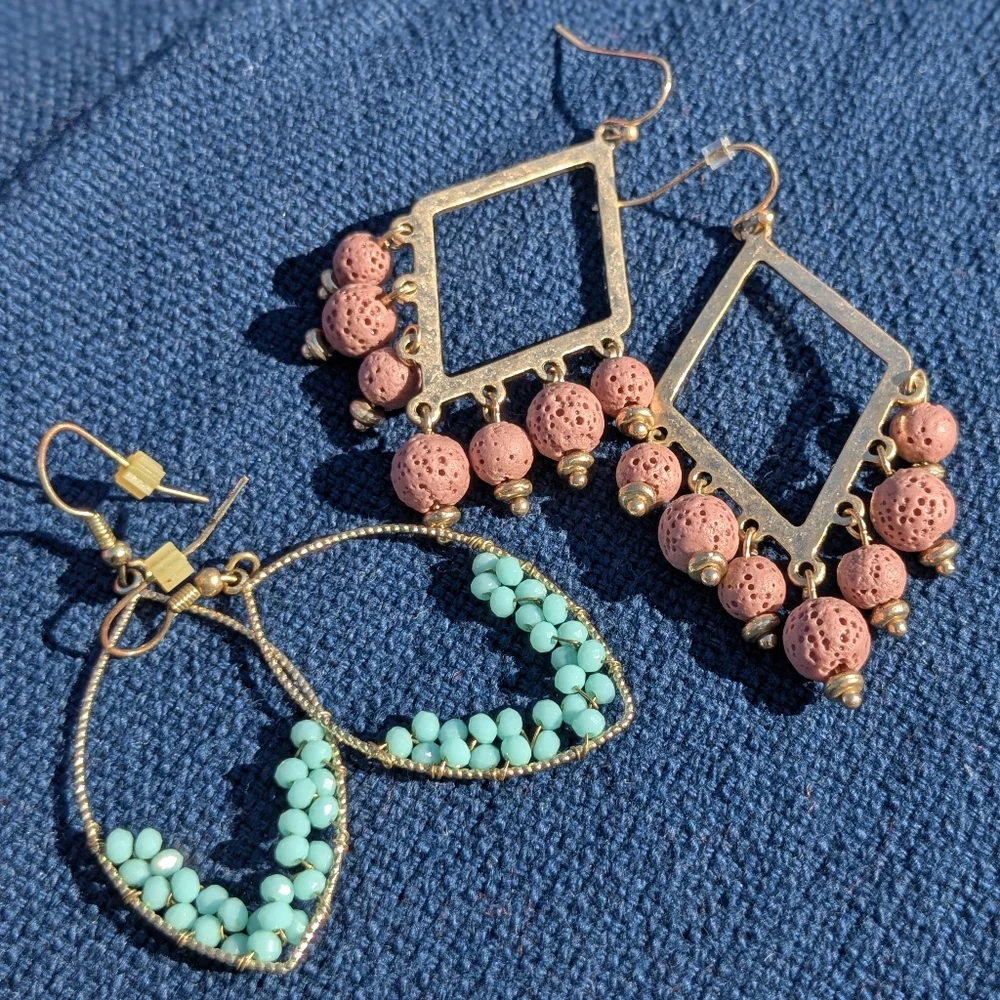 2 Pair Gold Tone Beaded Boho Dangle Beaded Earrings